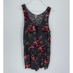 Cape Juby Women's Gray Floral Lace-Back Tassel Sleeveless Boho Romper Size XL